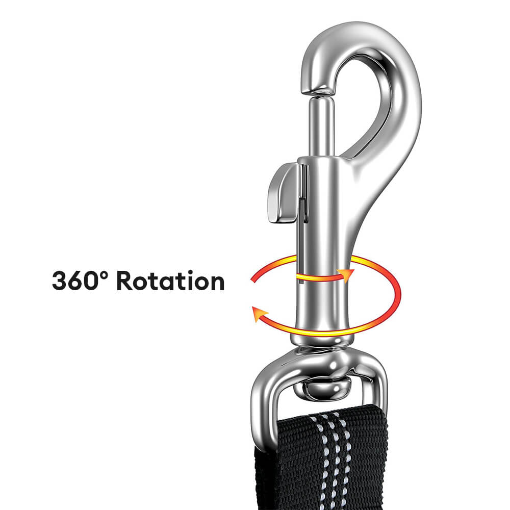 Detail view of the durable buckles on a pet car safety seatbelt with bungee buffer