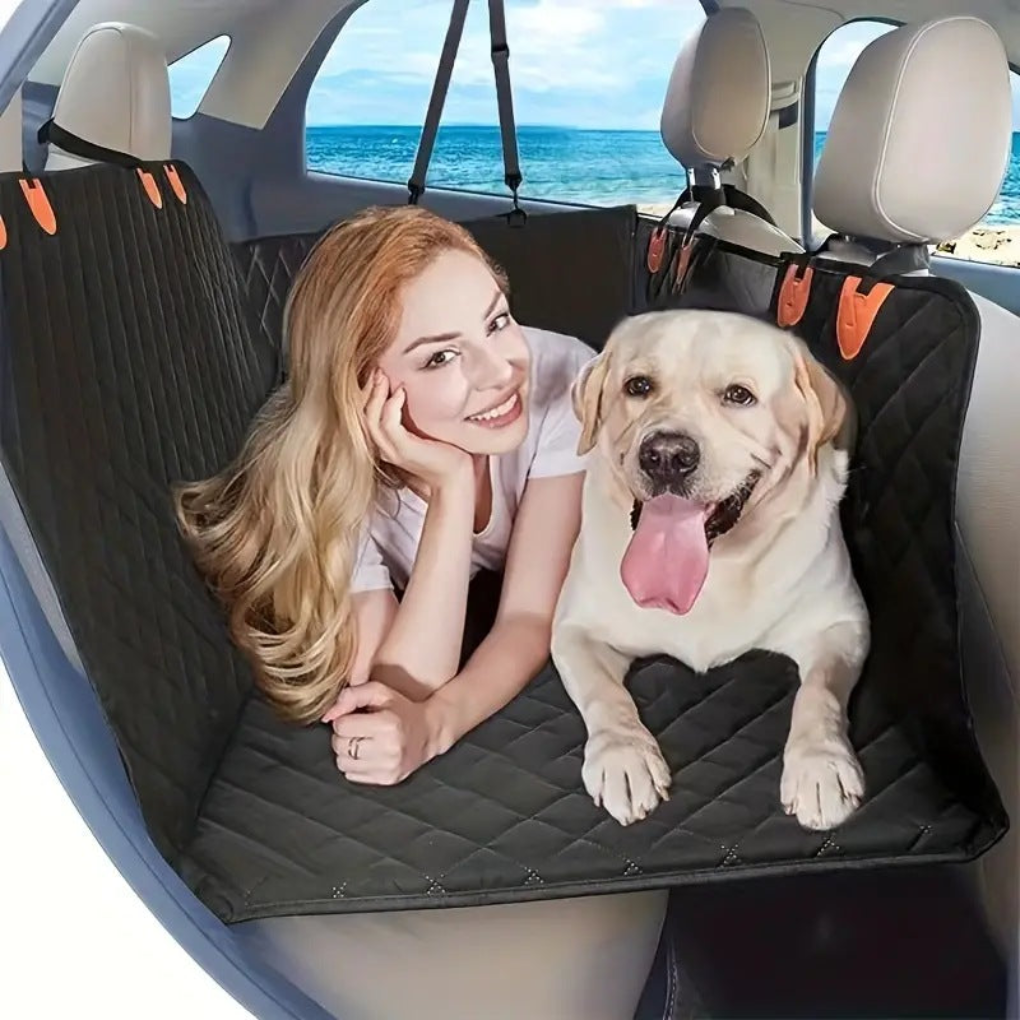 Unisex pet car seat cover with rigid bottom for dog comfort and car seat protection.