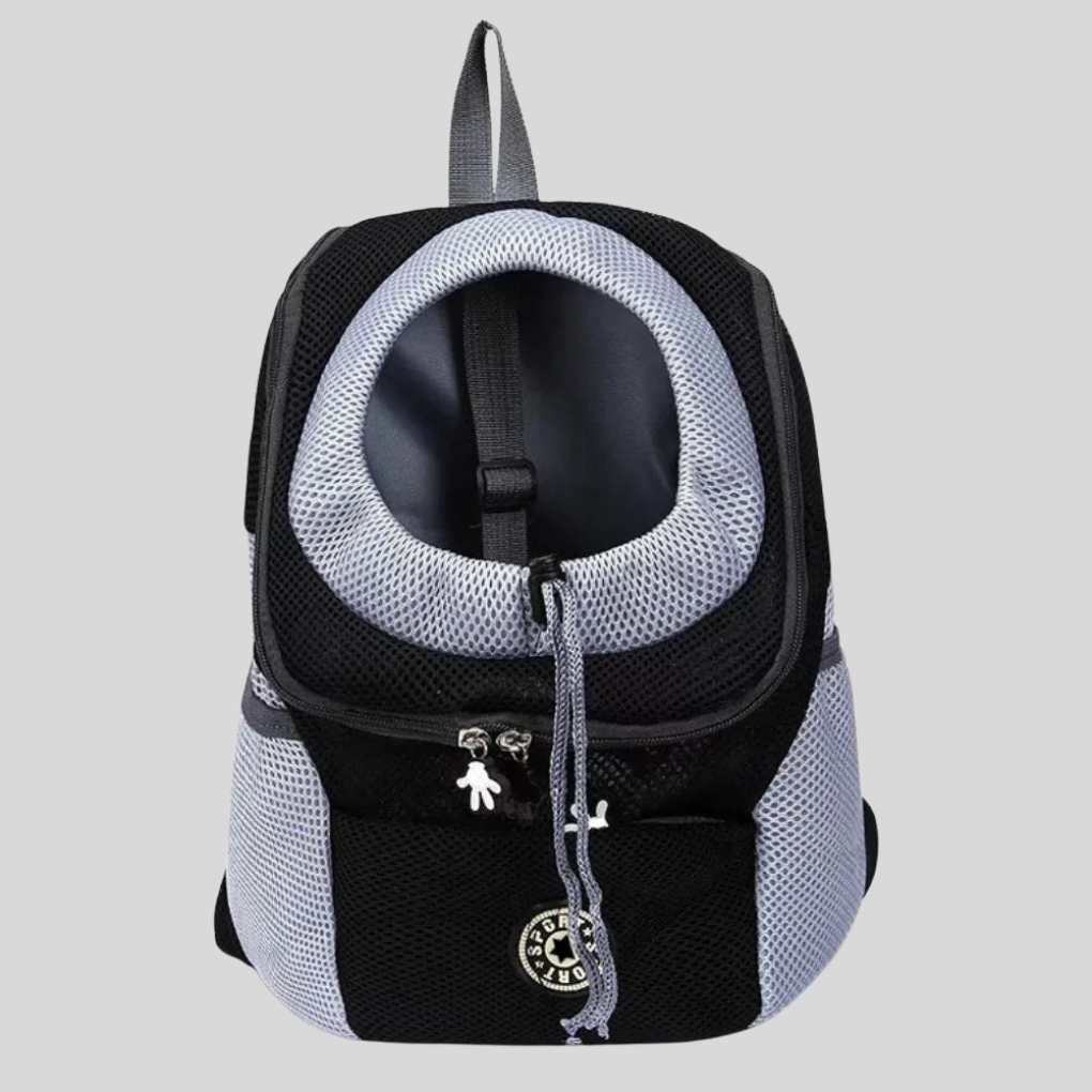 Durable pet travel backpack carrier, breathable mesh for small dogs and cats, top handle and adjustable straps.