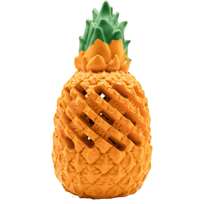 Yellow rubber dog chew toy with treat dispensing slots, shaped like a pineapple