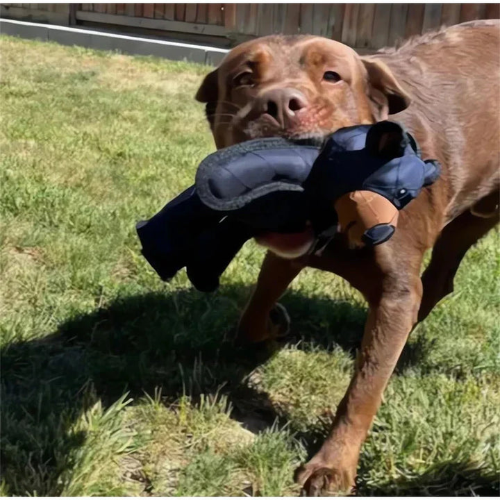 Durable plush brown bear dog toy, perfect for chewing and cuddling, with a squeaker inside for pet play.