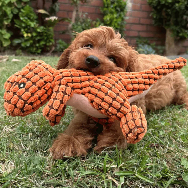 Green plush dog toy, extra tough for large breeds and power chewers