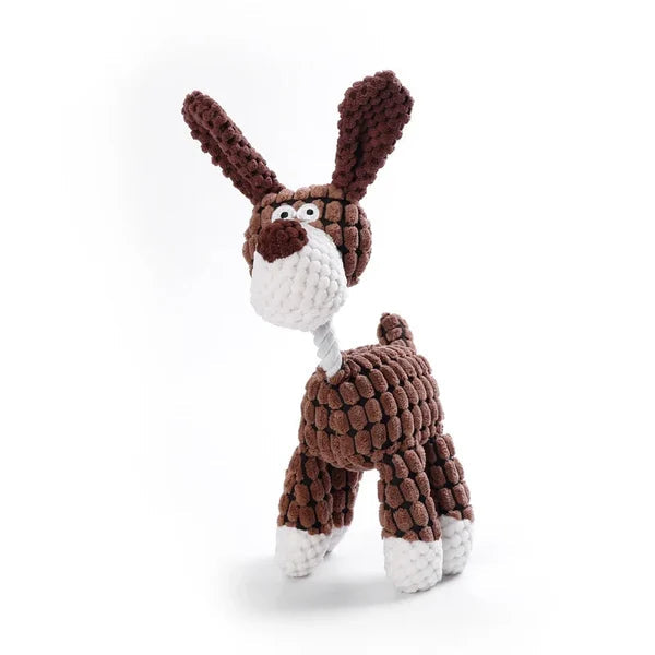 Durable plush dog toy with squeaker, designed for aggressive chewers, close-up texture