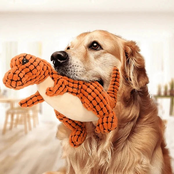 Close-up of a robust plush dog toy, ideal for aggressive chewers, highlighting durable fabric.