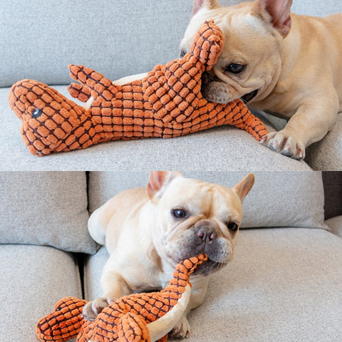 Dog enrichment plush toy for aggressive chewers, emphasizing its durable stitched seams.