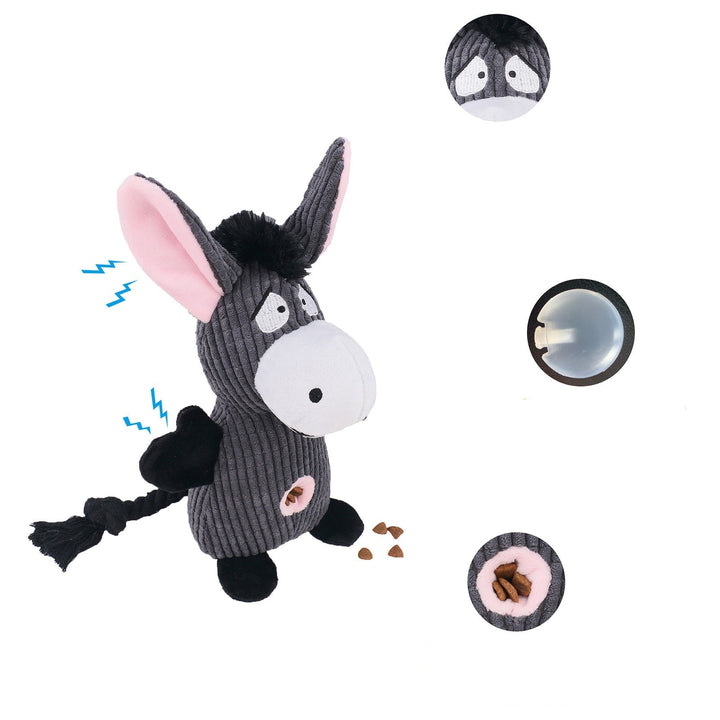 Strong plush squeaky dog toy, raccoon shape, designed for tough chewers, aids dental health.