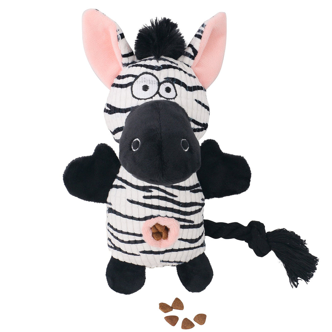 Washable plush squeaky dog toy, rhino shape, for aggressive chewers and interactive pet play.