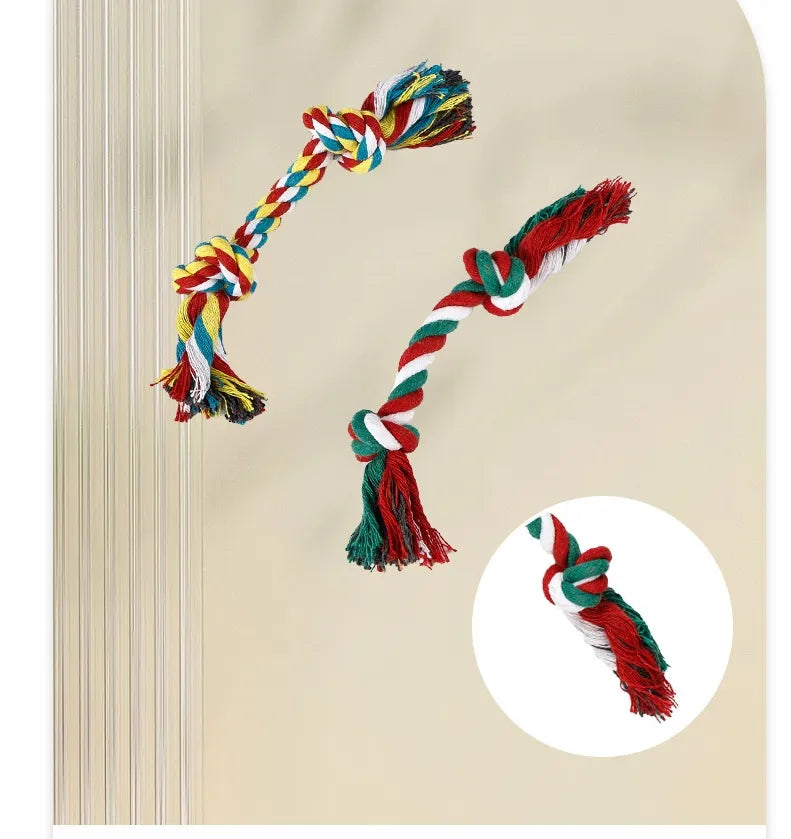 Pet dog rope chew toy in vibrant colors, ideal for fetching and dental cleaning