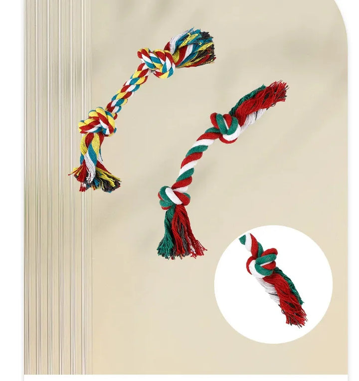 Pet dog rope chew toy in vibrant colors, ideal for fetching and dental cleaning