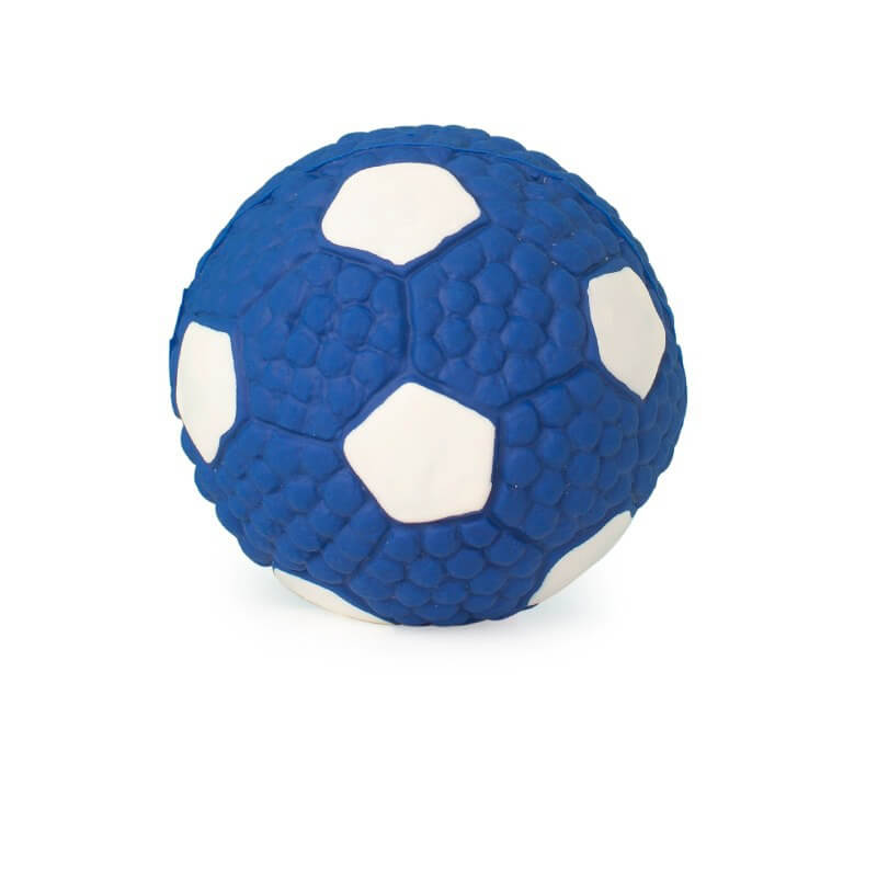 Close-up of a purple durable latex dog squeaky ball, a chew resistant pet toy.