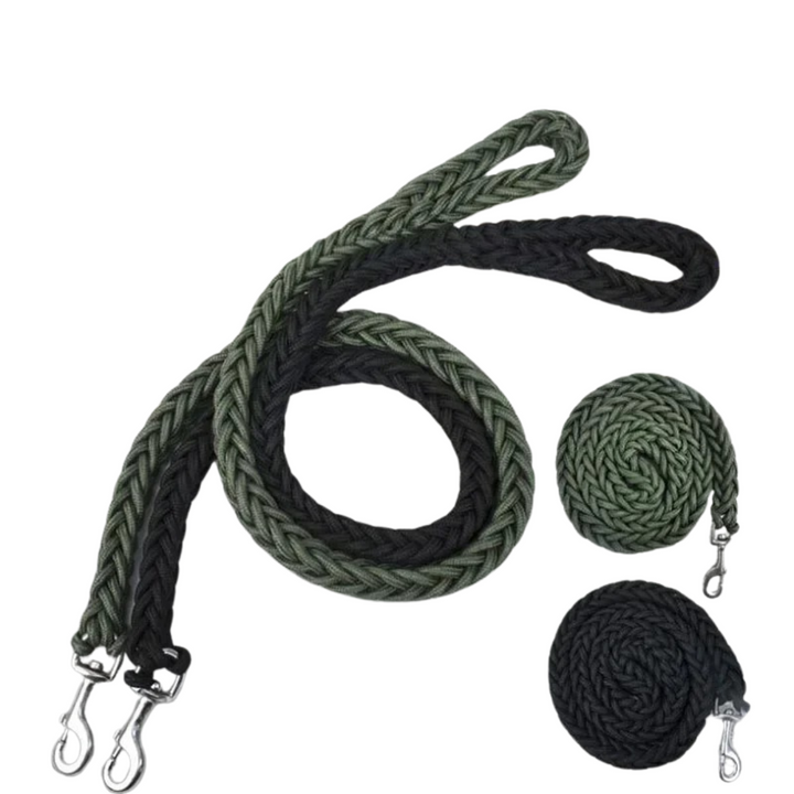 Close-up of the robust metal clasp on a durable black nylon dog leash, pet control.
