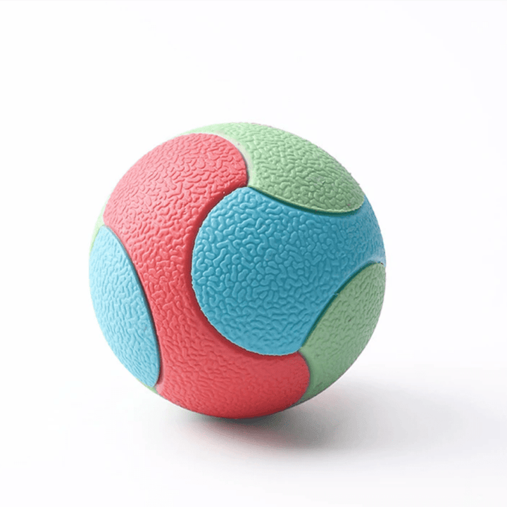 Dog happily playing with a blue durable rubber bouncy ball, promoting dental health