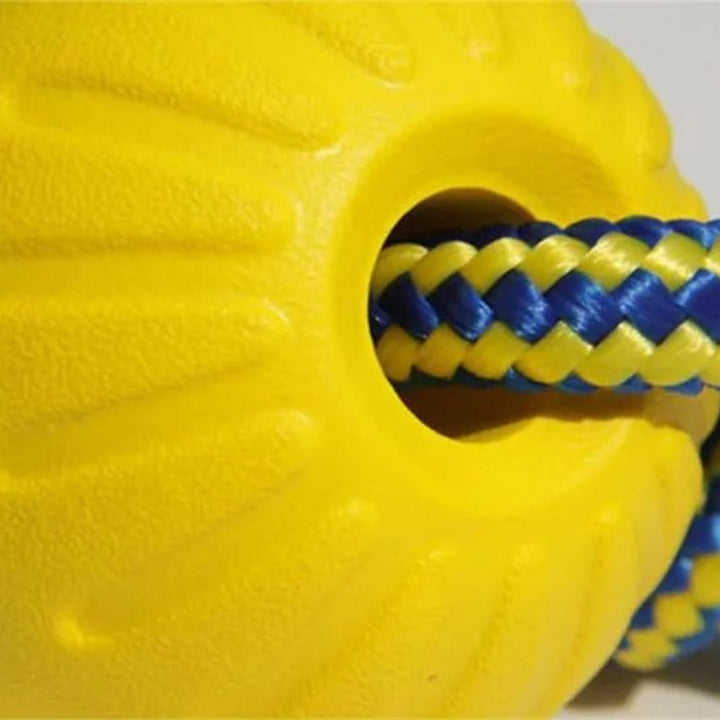 Bright, robust rubber fetch ball for dogs, suitable for aggressive chewers and promoting active pet exercise.