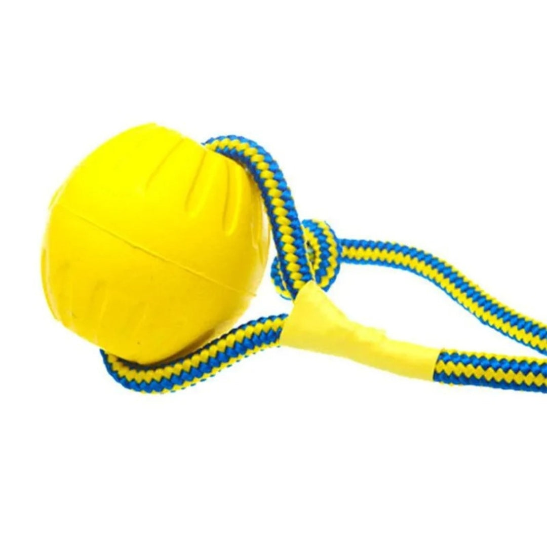 Textured round rubber dog toy, a durable chew ball for aggressive chewers, promoting dental health and exercise.