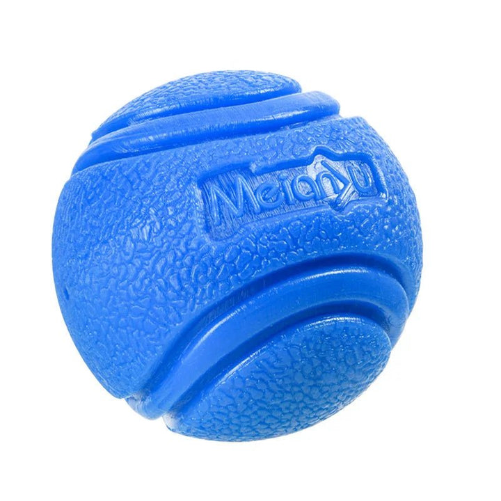 Three colorful rubber dog chew balls (red, blue, green) for dental health and interactive pet play.