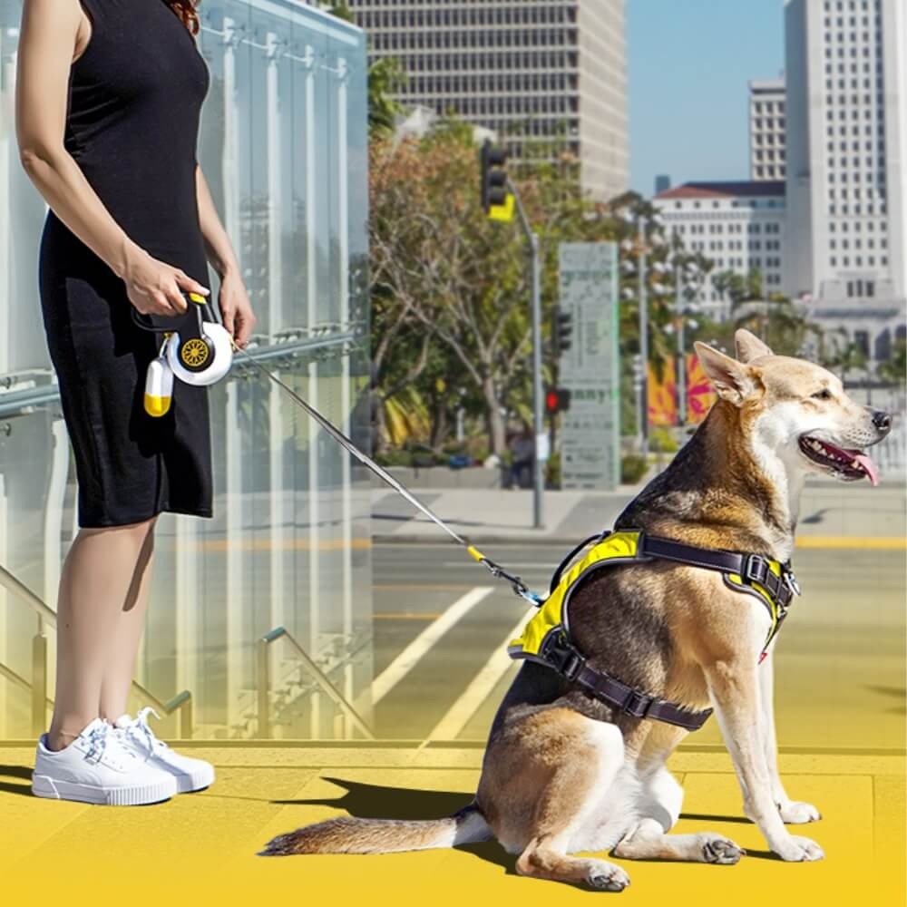 Retractable dog leash for large breeds, featuring a black ergonomic handle and sturdy pet supplies.