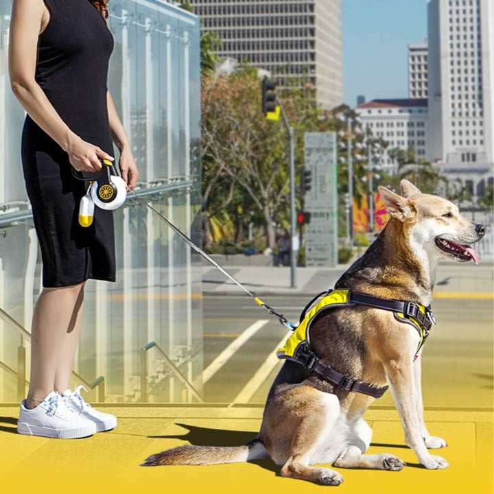 Retractable dog leash for large breeds, featuring a black ergonomic handle and sturdy pet supplies.