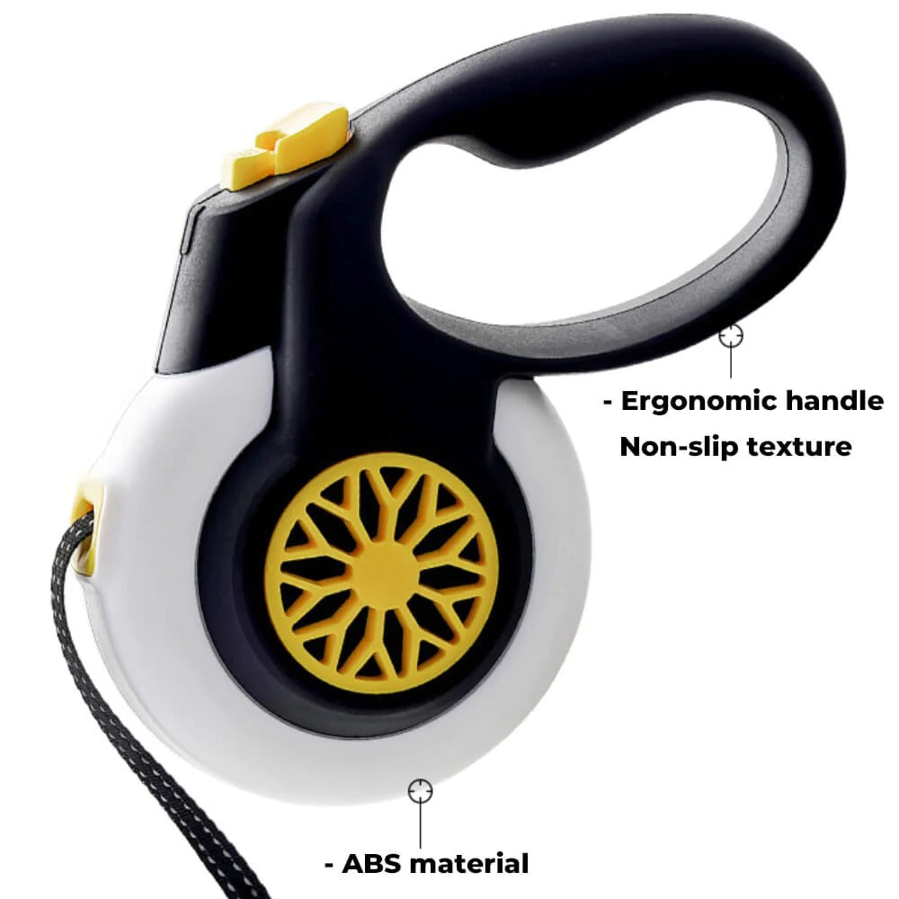 Close-up of the durable retractable dog leash, showing the locking mechanism for pet safety.