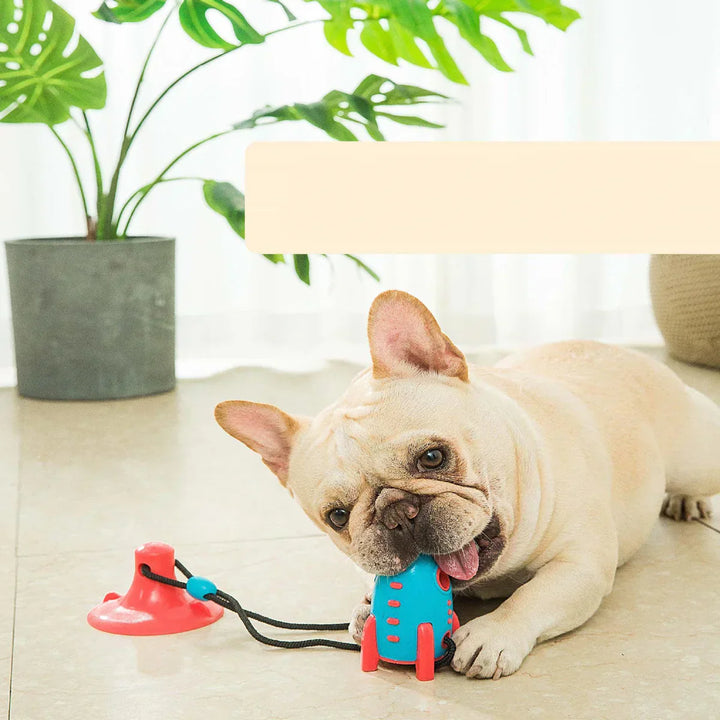 Durable rocket shaped dog chew toy for interactive playtime and dental care.