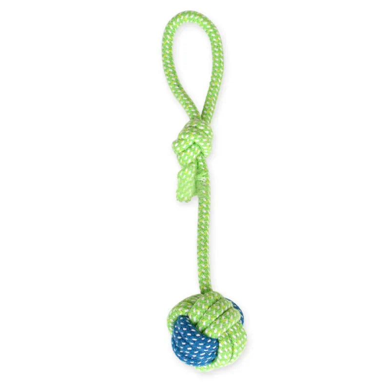 Close-up of a blue and white durable rope chew toy for dogs, designed for aggressive chewers