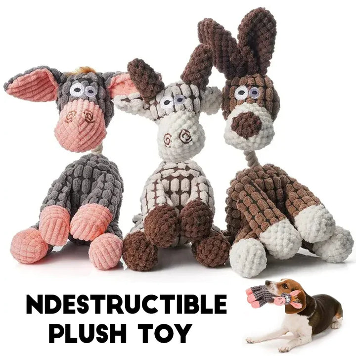 Tough squeaker plush dog toy designed for aggressive chewers, durable pet enrichment