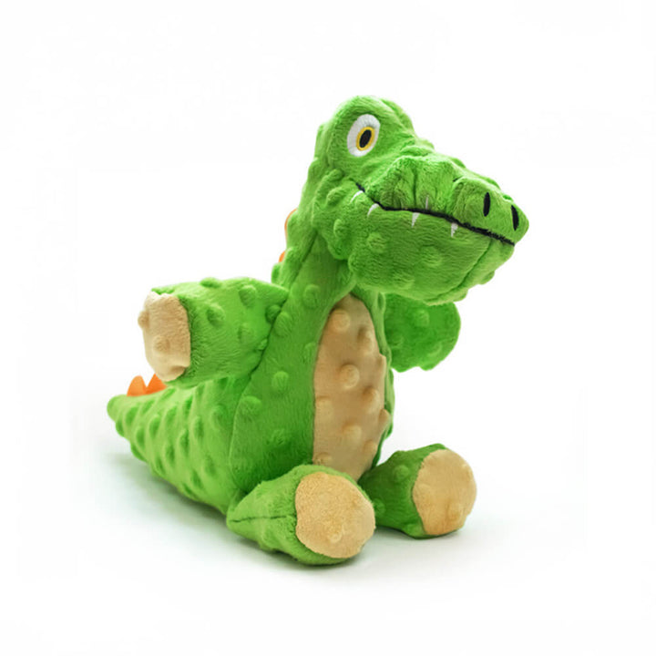 Tough crocodile squeaky dog toy, green plush chew for energetic dog breeds.