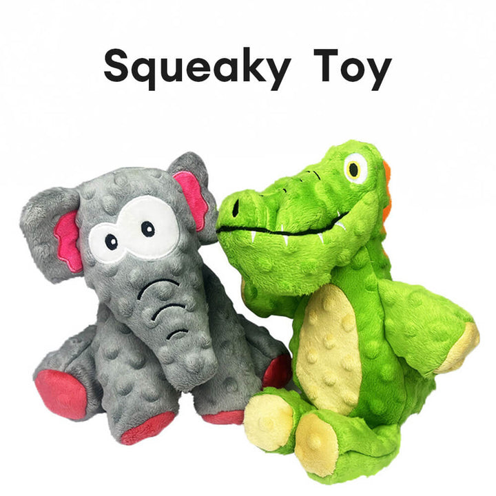 Elephant and crocodile durable squeaky pet toys shown together in a pet supplies setting.