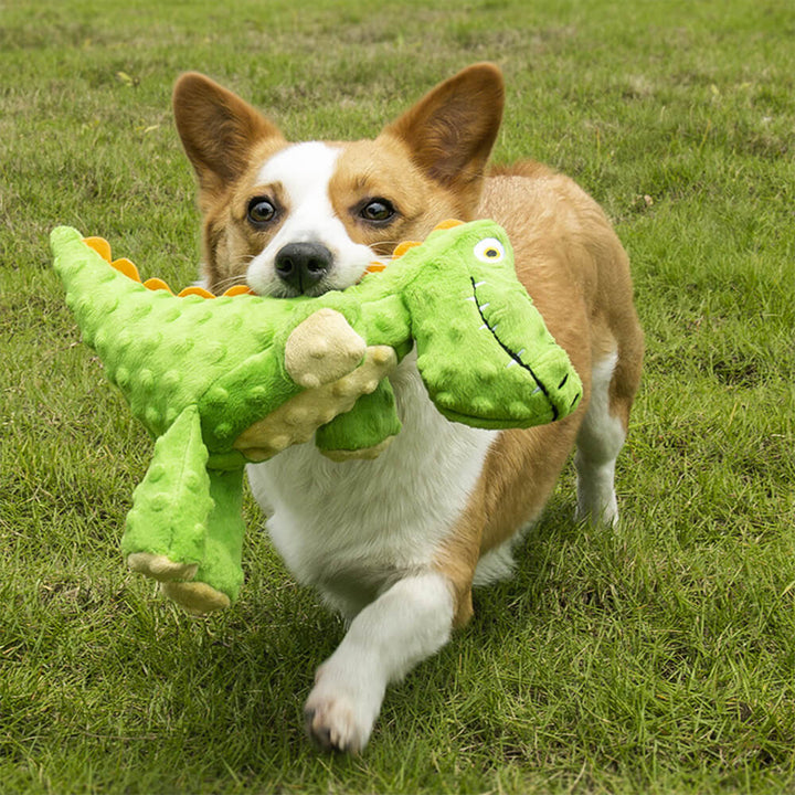 Close-up of the textured fabric on the durable crocodile squeaky dog toy, pet fun.