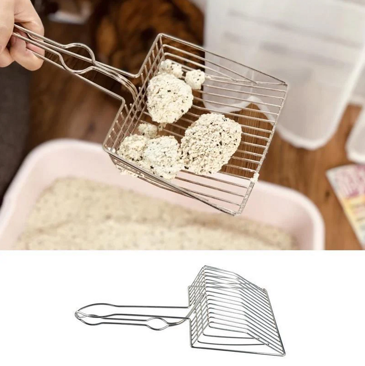 High-quality stainless steel litter scoop, ideal for cat care and pet hygiene