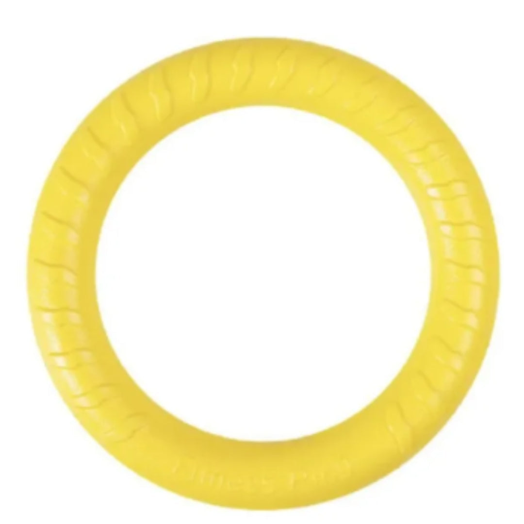 Pet-safe yellow rubber chew ring, a durable dog toy for chewing, fetching, and promoting healthy teeth.