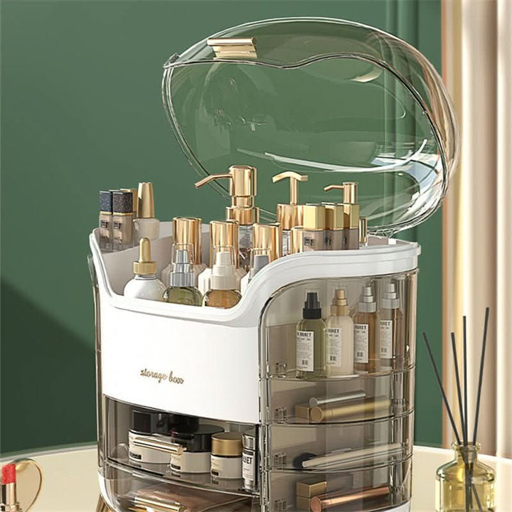 Clear plastic makeup organizer case. Dustproof & waterproof vanity storage for cosmetics & skincare.
