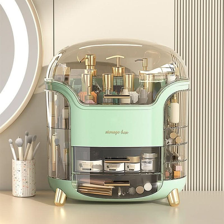 Multi-compartment makeup organizer. Clear, dustproof, waterproof beauty storage for essentials.