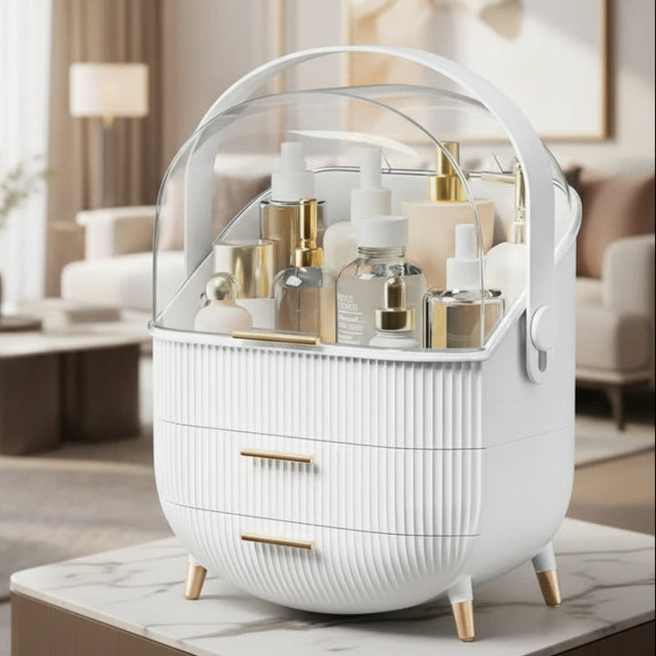 Premium clear dustproof cosmetic organizer. Waterproof makeup storage protecting beauty products.