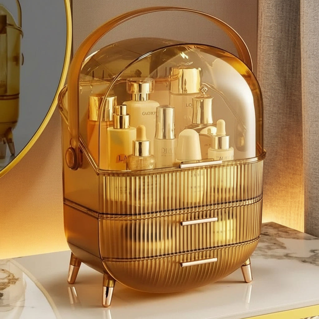 Stylish clear makeup organizer with dustproof lid. Waterproof cosmetic storage for any vanity table.