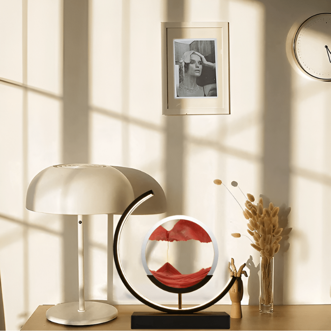 Relaxing dynamic sand art lamp with soft ambient light, ideal for meditation, stress relief & peaceful home decor.