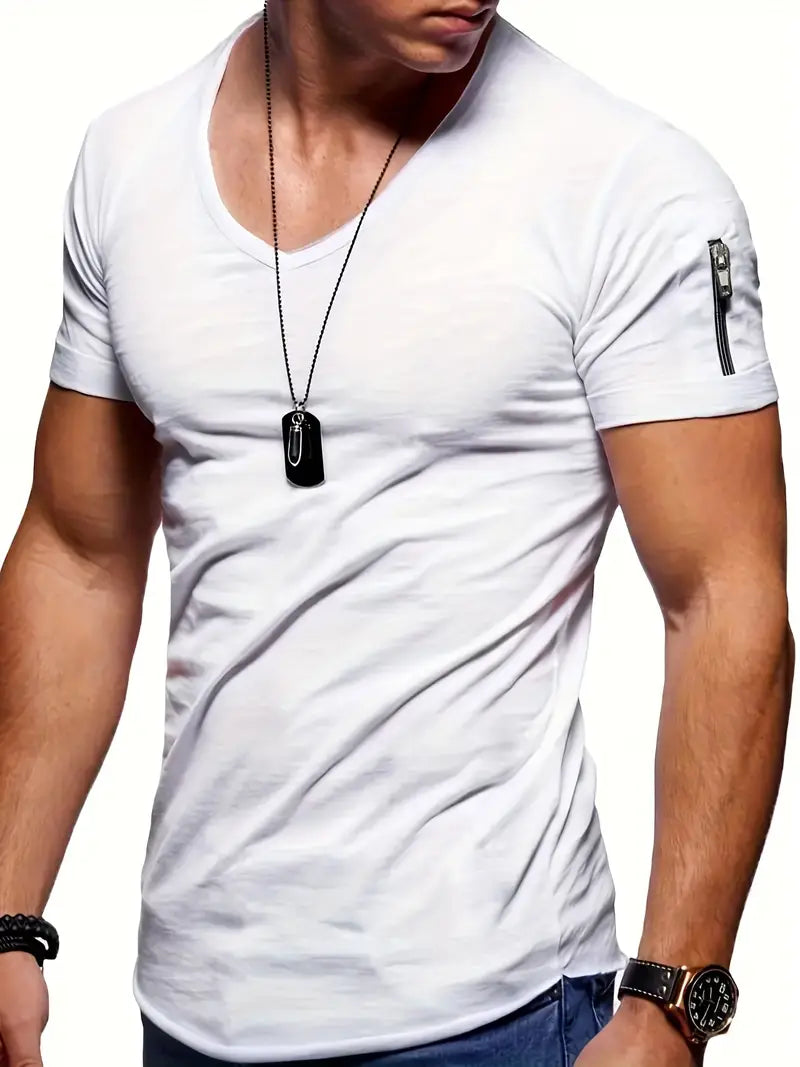 Utility pocket men's V-Neck tee, short sleeve. Versatile for casual or active summer wear.