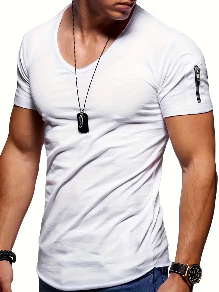 Utility pocket men's V-Neck tee, short sleeve. Versatile for casual or active summer wear.