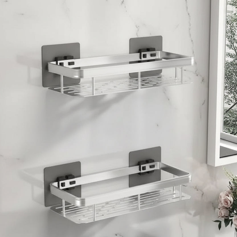 Drill-free adhesive bathroom shelf, stainless steel shower caddy, robust storage for modern bath essentials.