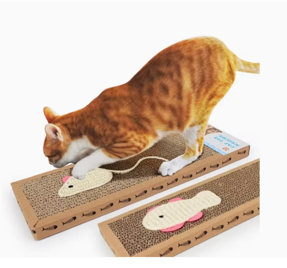 Eco-friendly cat scratching mat with fish toy, durable and interactive for feline play