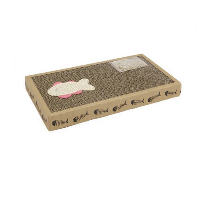 Durable cat scratching mat with attached fish toy, promoting healthy cat care habits