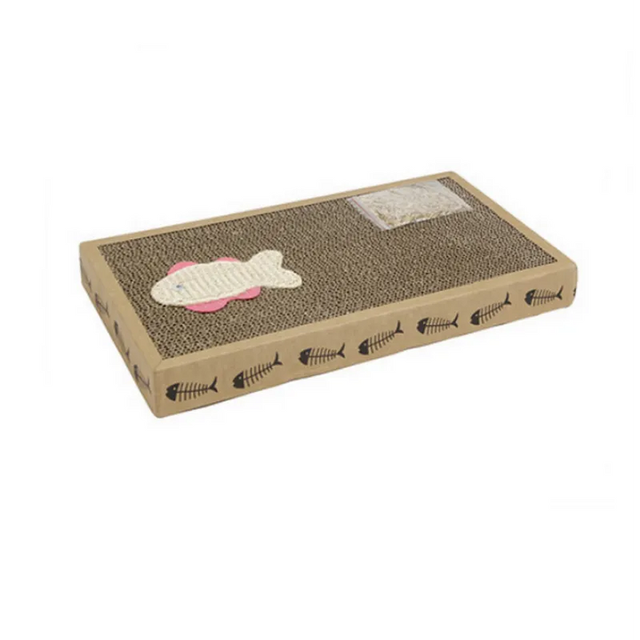 Durable cat scratching mat with attached fish toy, promoting healthy cat care habits