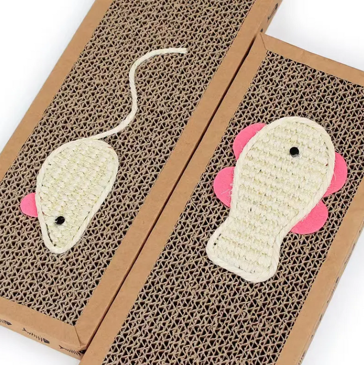 Feline enrichment: cat scratching mat with integrated fish toy, a must-have pet accessory