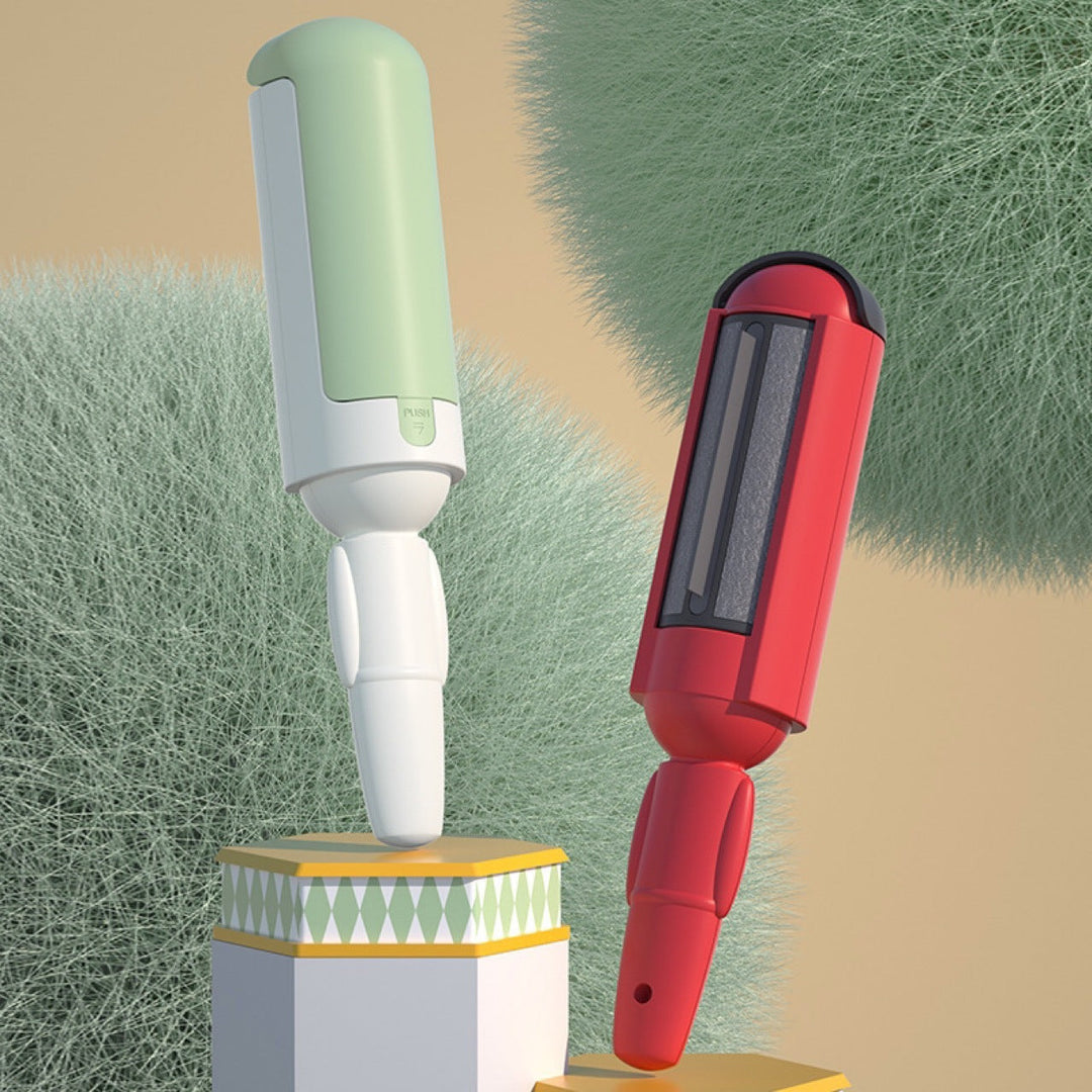 Furniture protection: A pet hair remover roller being used on a sofa, demonstrating its effectiveness on pet fur.