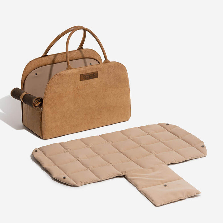 Tan eco-friendly pet travel bag, neutral tone for all pets and owners