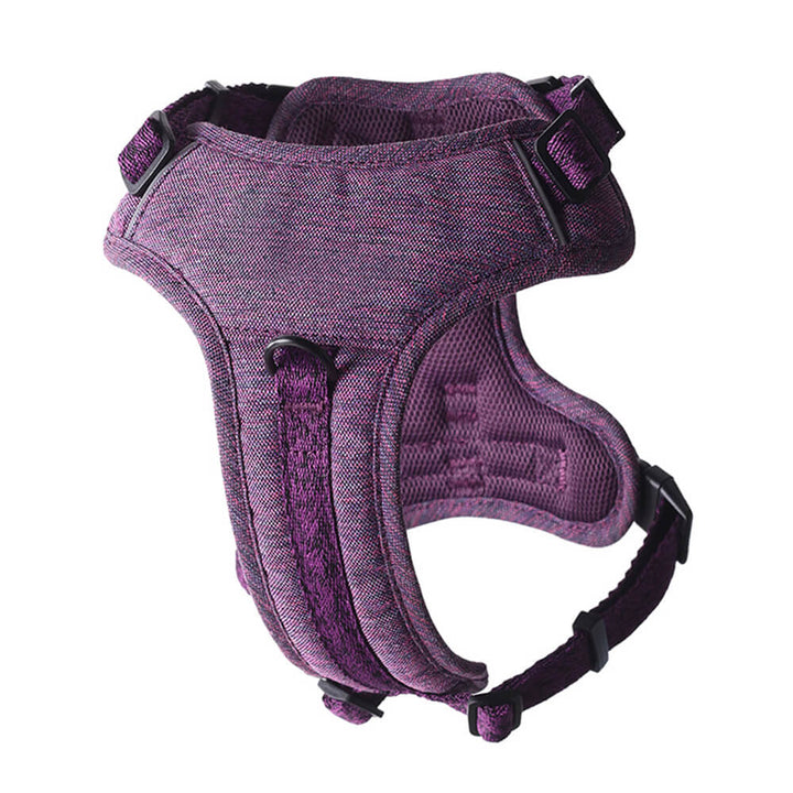 Eco-friendly recycled fabric no-pull dog harness and leash in blue, promoting pet safety and sustainability.