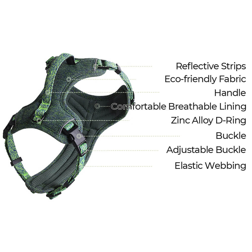 Side view of an eco-friendly no-pull dog harness made from recycled fabric, designed for pet safety.