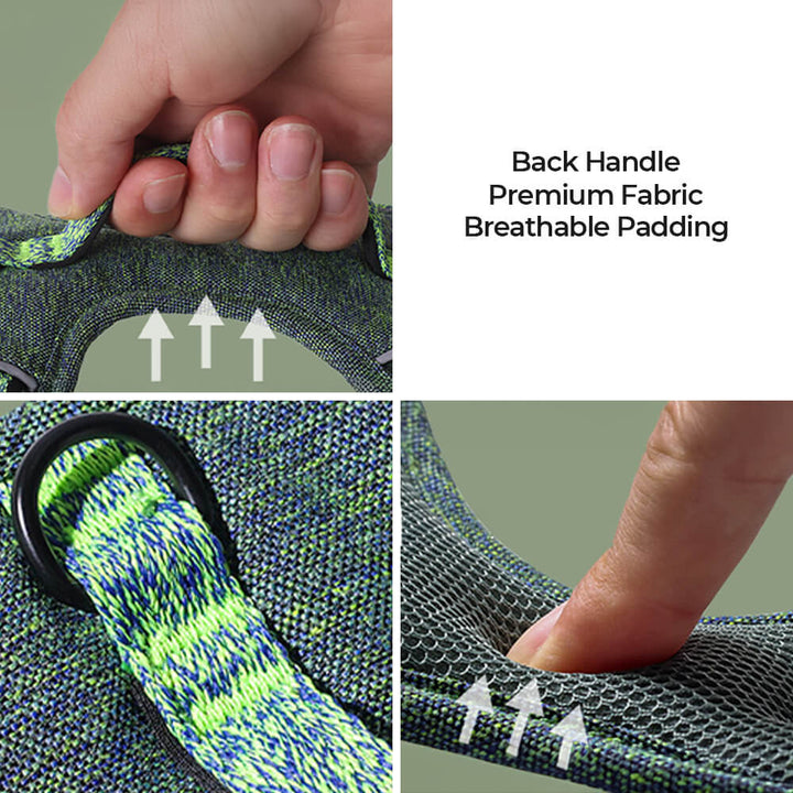 Back view of an adjustable recycled fabric no-pull dog harness, showing leash attachment point.