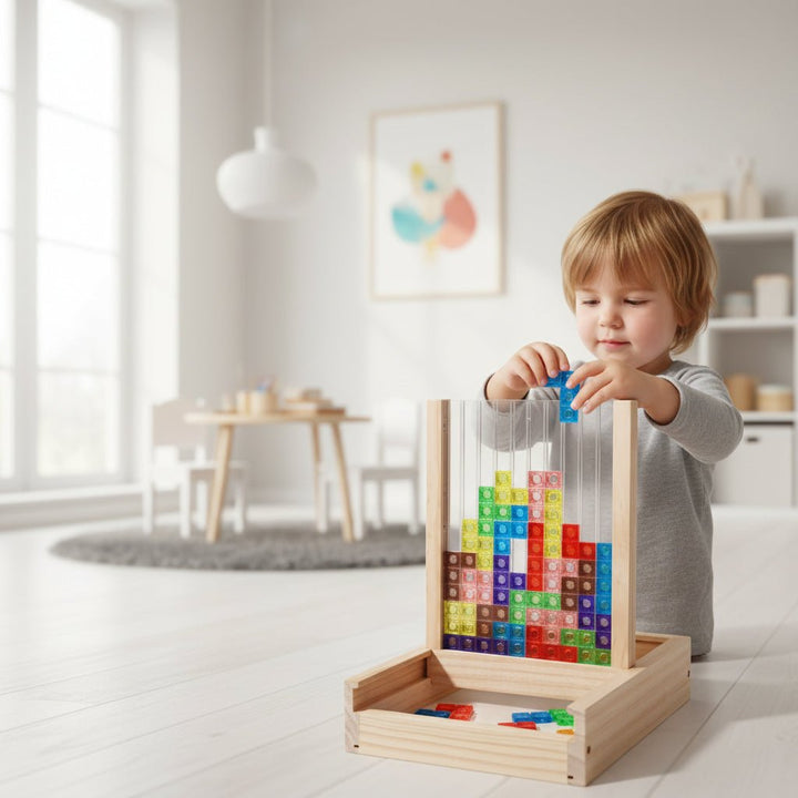Eco-friendly ECOBLOCK wooden logic puzzle, a brain training game for family fun. Sustainable educational toy for all ages.