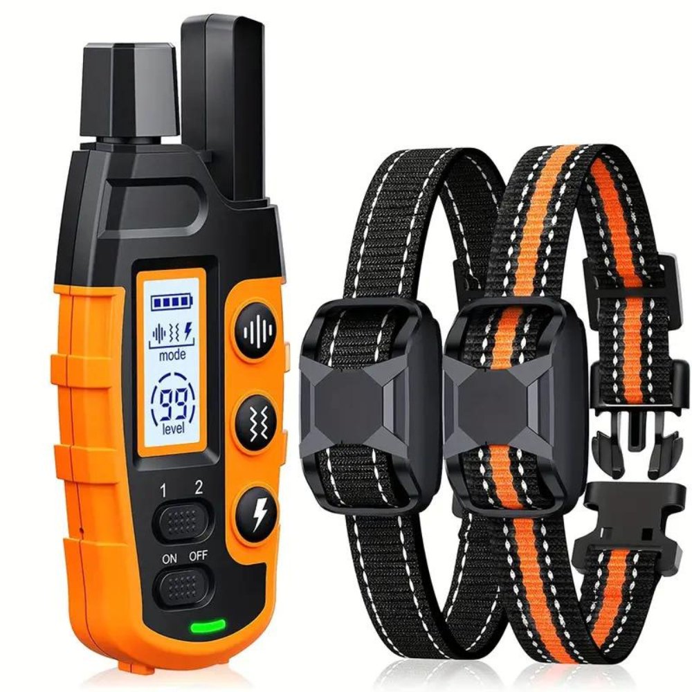 Remote dog training collar with multiple correction levels for obedience. Waterproof design.