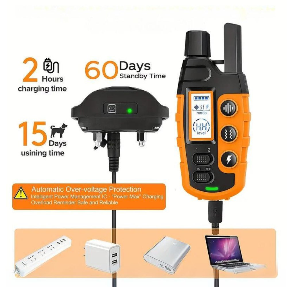 Waterproof and rechargeable e-collar for effective dog behavior training. Long-range remote.